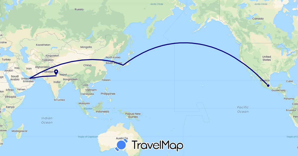 TravelMap itinerary: driving in United Arab Emirates, India, Japan, South Korea, Mexico (Asia, North America)